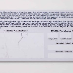 Hysek Watch Warranty Guarantee Card